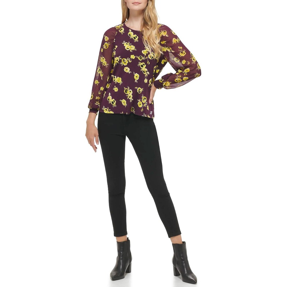 Calvin Klein Chiffon Blouse Women XL Purple Floral Sheer Poof Sleeve Festive NWT
